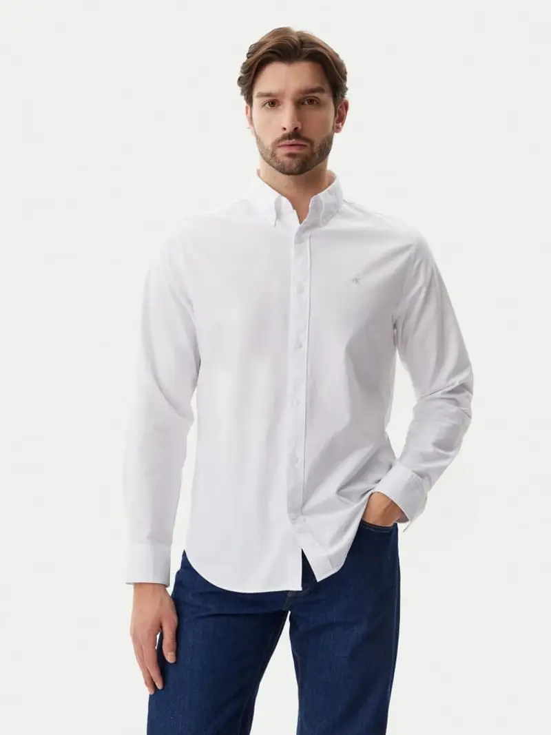 Calvin Klein camicia bianca uomo in cotone mini logo ricamato sul petto