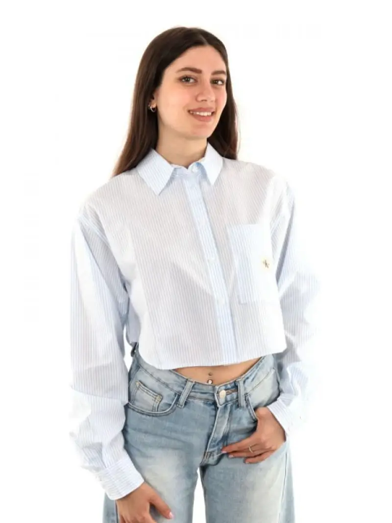 Calvin Klein camicia celeste a righe donna in cotone crop mini logo sul petto