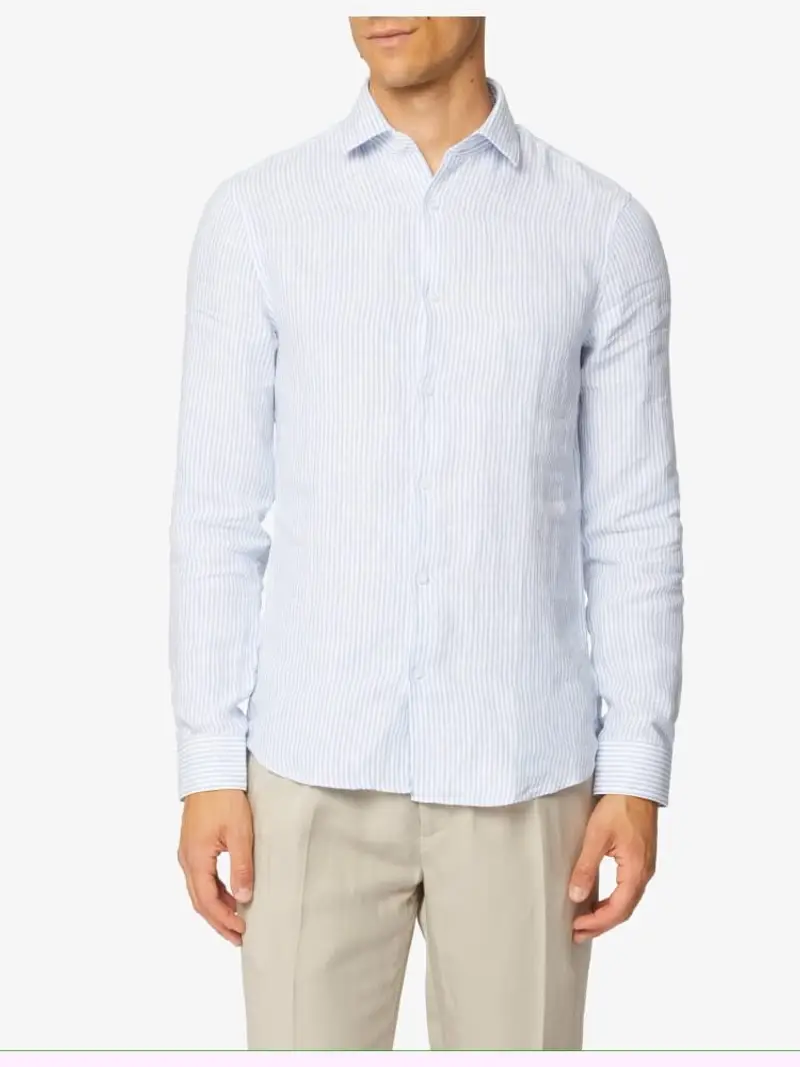 Calvin Klein camicia celeste uomo a righe in lino mini logo sul petto