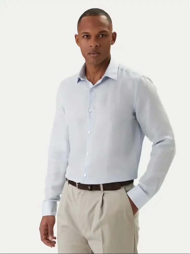 camicia celeste uomo in lino mini logo