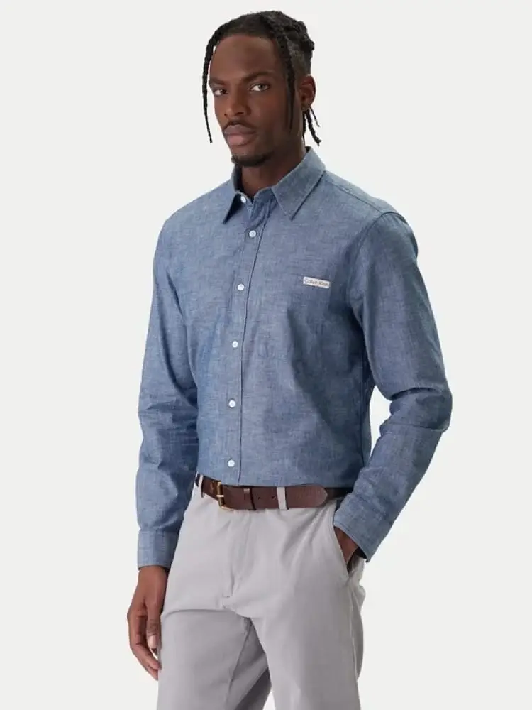 camicia uomo chabray blu regular fit con patch logata