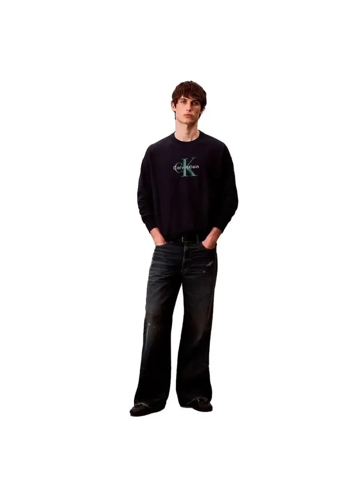 felpa blu navy uomo in cotone girocollo logo a contrasto