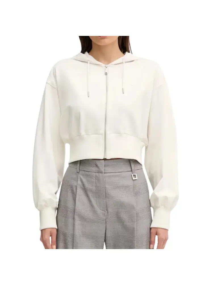 felpa con cappuccio e cerniera in cotone panna con stampa logo posteriore