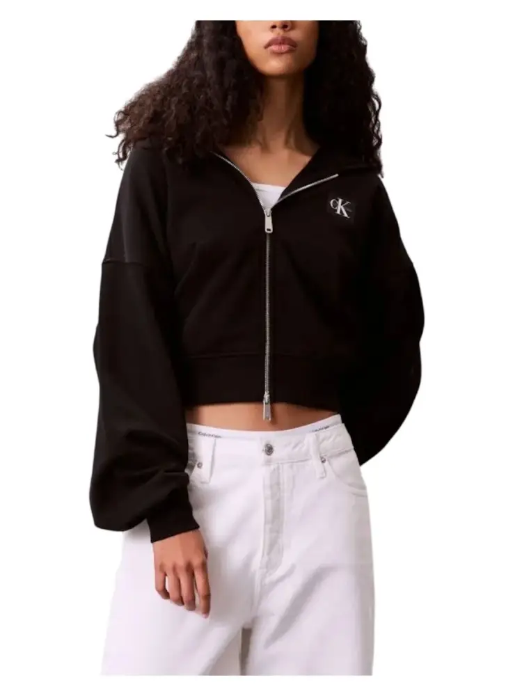 felpa con cappuccio full zip in cotone nero con badge logo