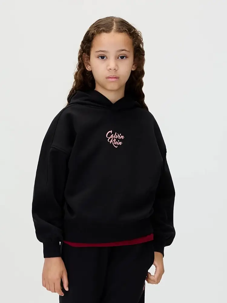 felpa nera bambina in cotone con cappuccio logo rosa sul davanti