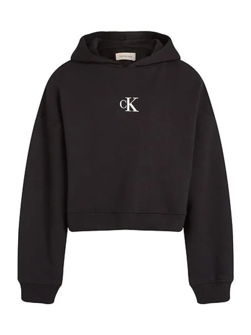 Calvin Klein felpa nera bambina in cotone con cappuccio mini logo sul petto