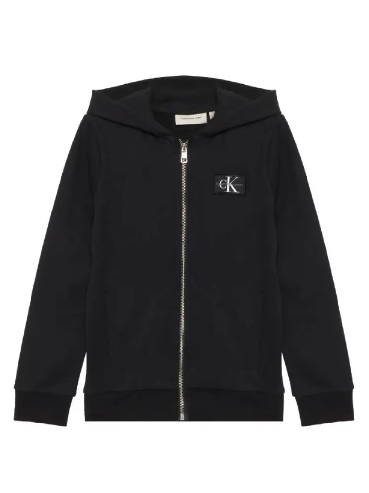 felpa nera bambino in cotone con cappuccio chiusura zip patch logo sul petto