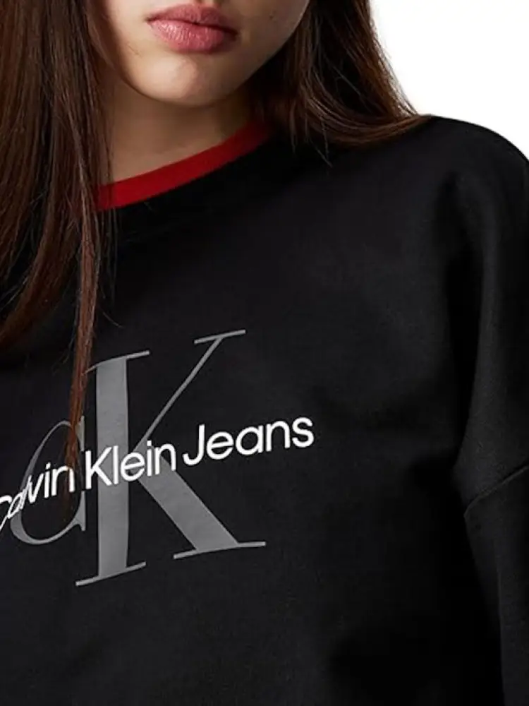 felpa nera donna in cotone girocollo logo sul davanti miniatura 3