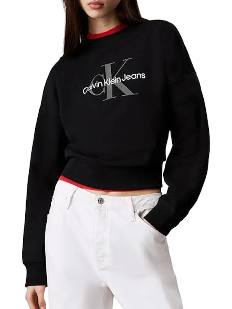 felpa nera donna in cotone girocollo logo sul davanti