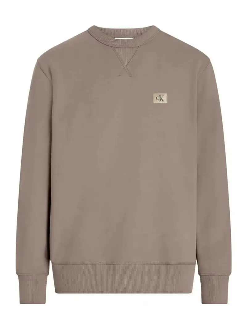 Calvin Klein felpa taupe grey uomo in cotone girocollo patch logo sul petto