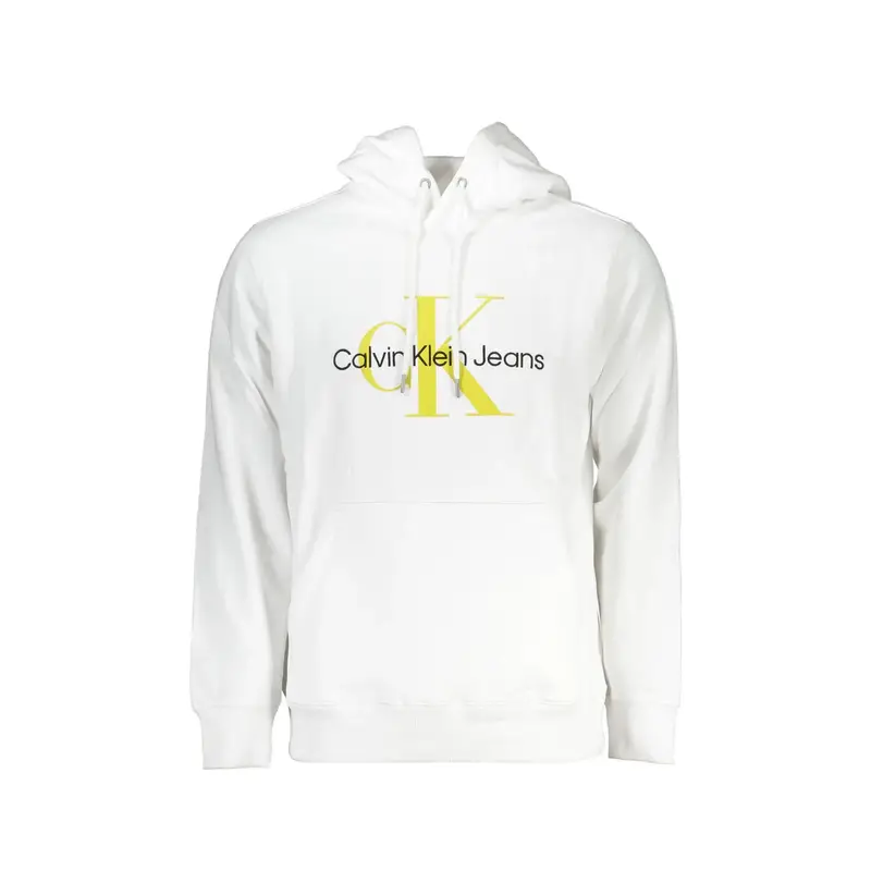 Felpa Uomo Bianca Cappuccio Tascone Contrasto Ricamo Bianco