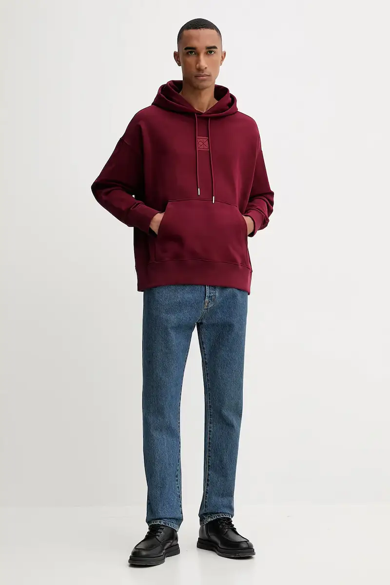 felpa uomo colore granata con cappuccio con applicazione LV14LD225G miniatura 2