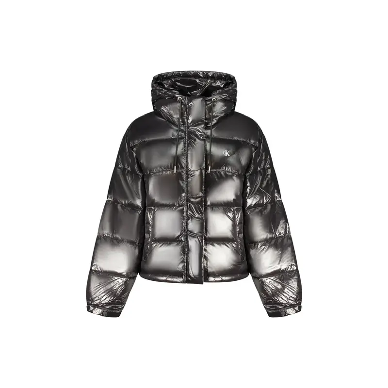 Giubbotto Donna Cappuccio Zip Tasche Poliestere Stampa Logo Nero