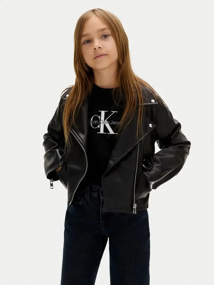 giubbotto nero bambina in ecopelle bottoni con logo