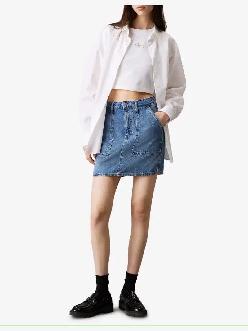 Calvin Klein gonna in denim chiara donna mini vita alta in cotone patch logo sul retro