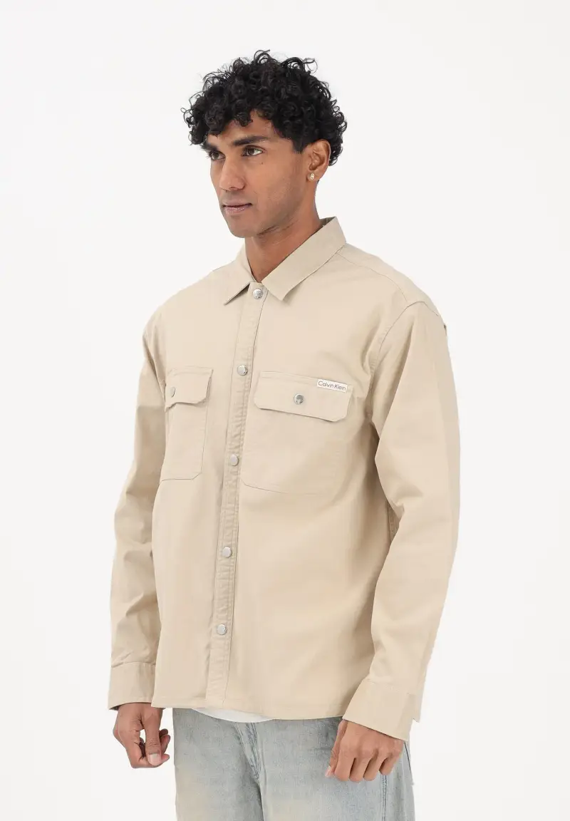 Camicia a manica lunga beige da uomo