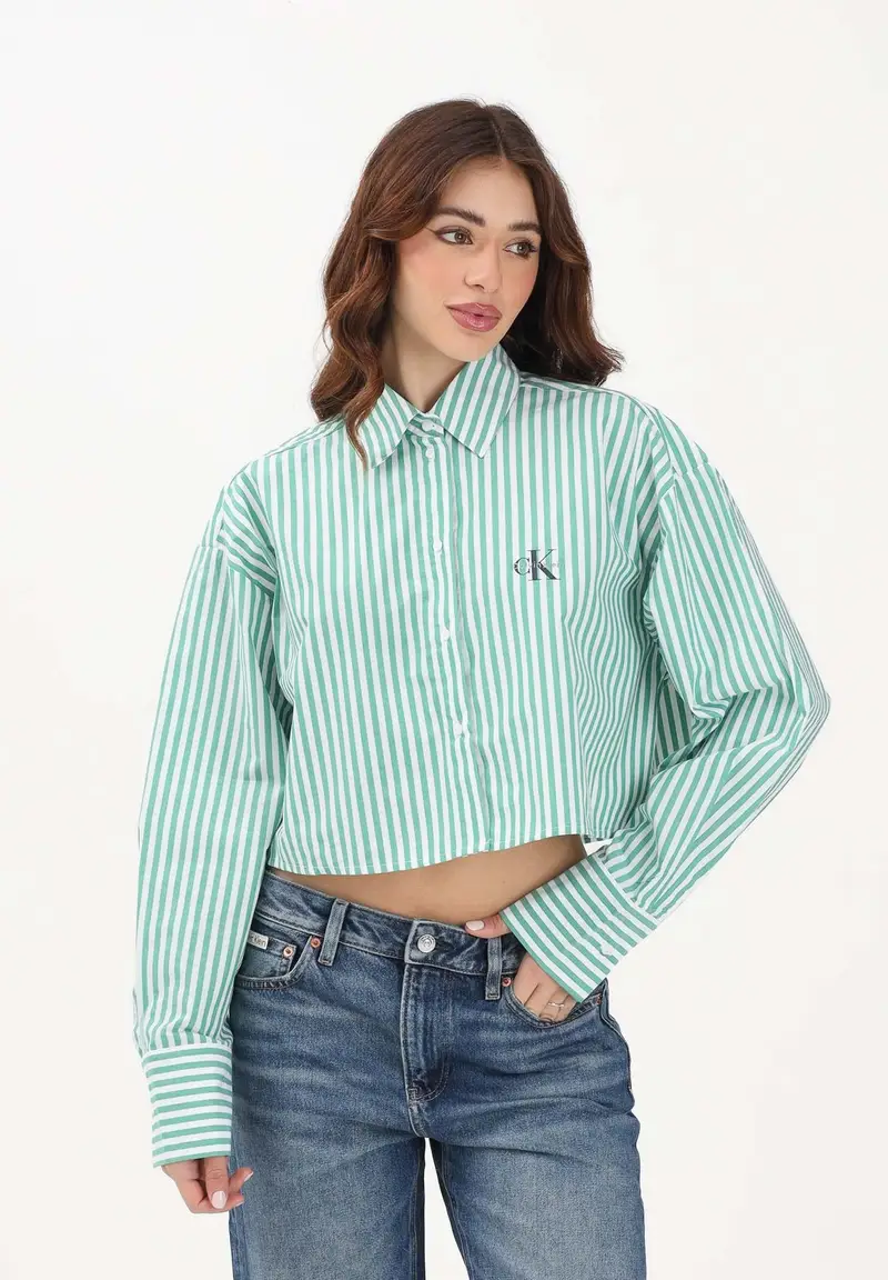 Camicia a manica lunga bianca e verde da donna con motivo a righe miniatura 2