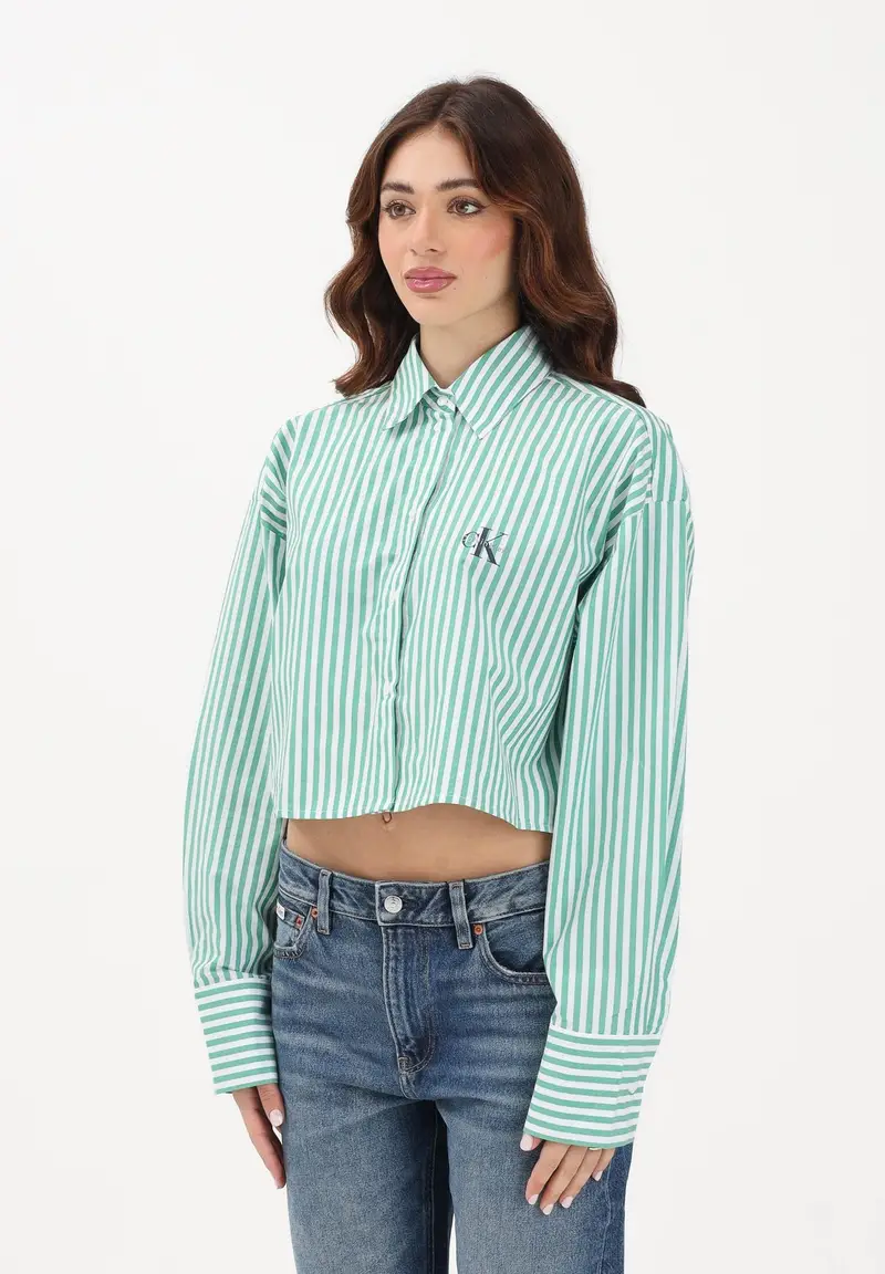 Camicia a manica lunga bianca e verde da donna con motivo a righe