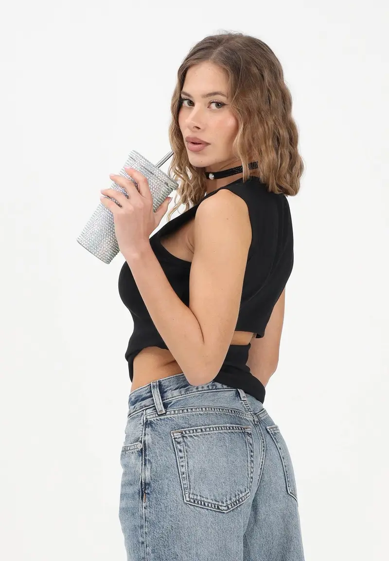 Canotta nera da donna con cut-out sulla schiena miniatura 2