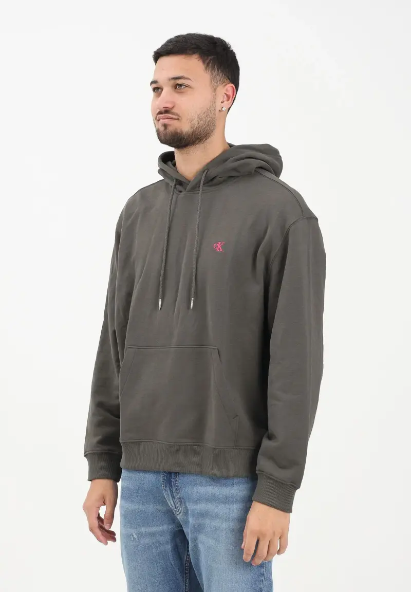 Felpa con cappuccio verde militare da uomo rifinita da ricamo logo