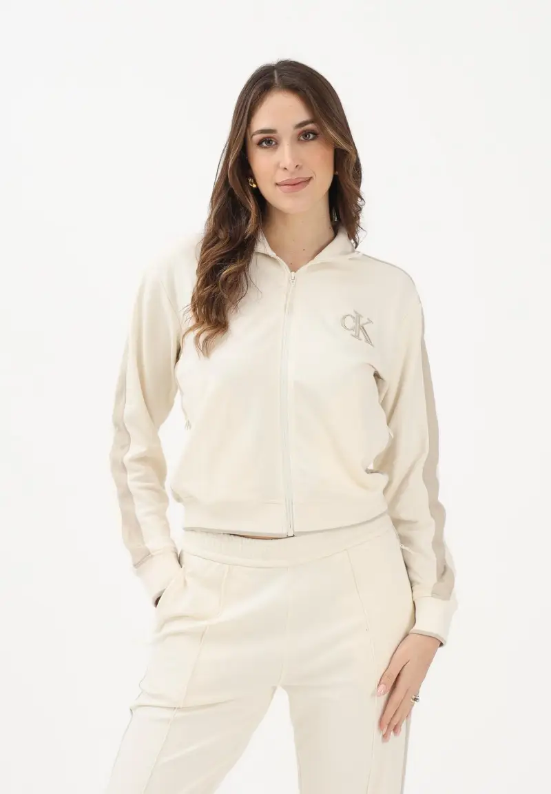 Felpa con zip beige da donna rifinita da logo e bande a contrasto miniatura 2