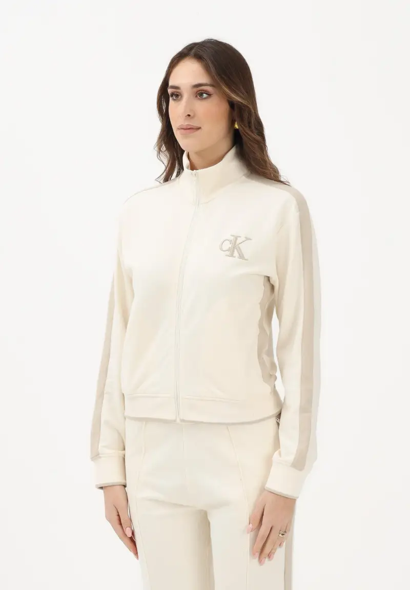 Felpa con zip beige da donna rifinita da logo e bande a contrasto