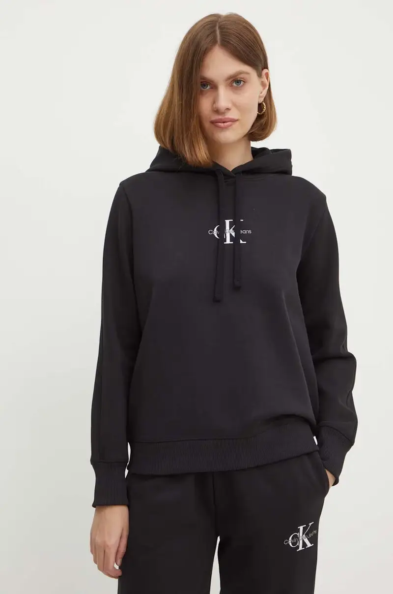 felpa donna colore nero con cappuccio con applicazione J20J223536