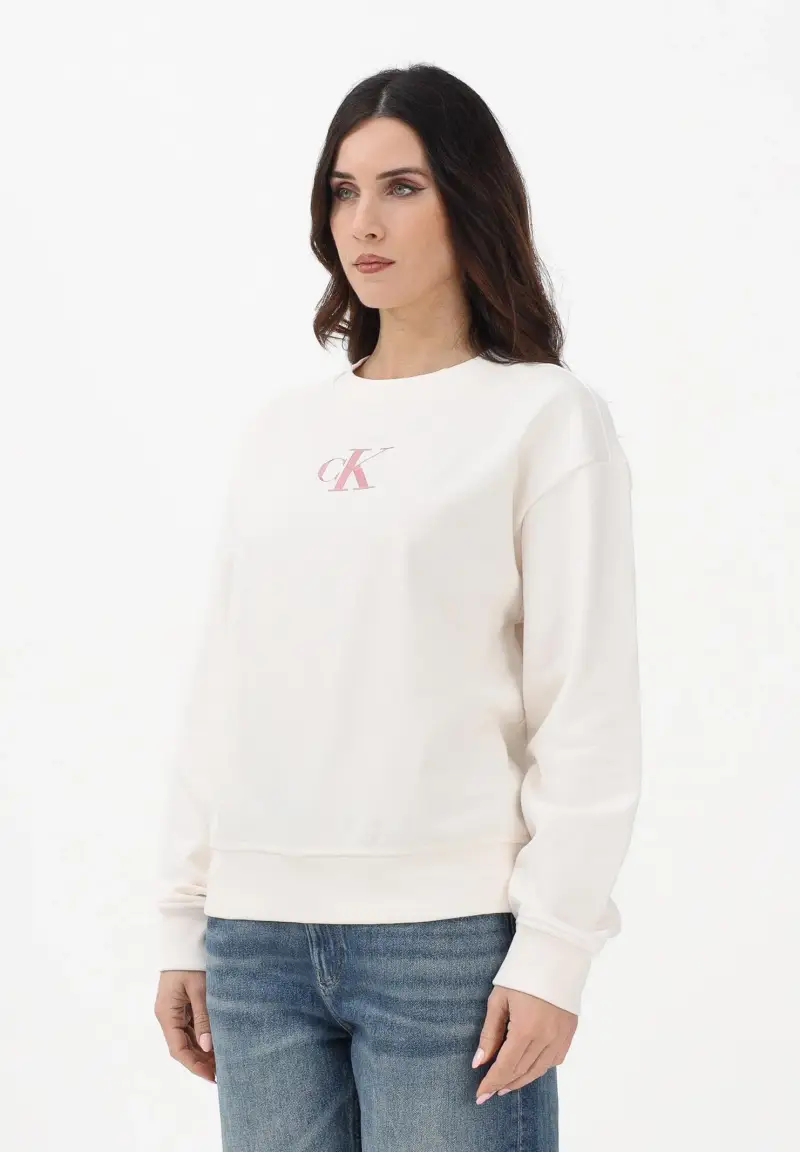 Felpa girocollo panna da donna con logo