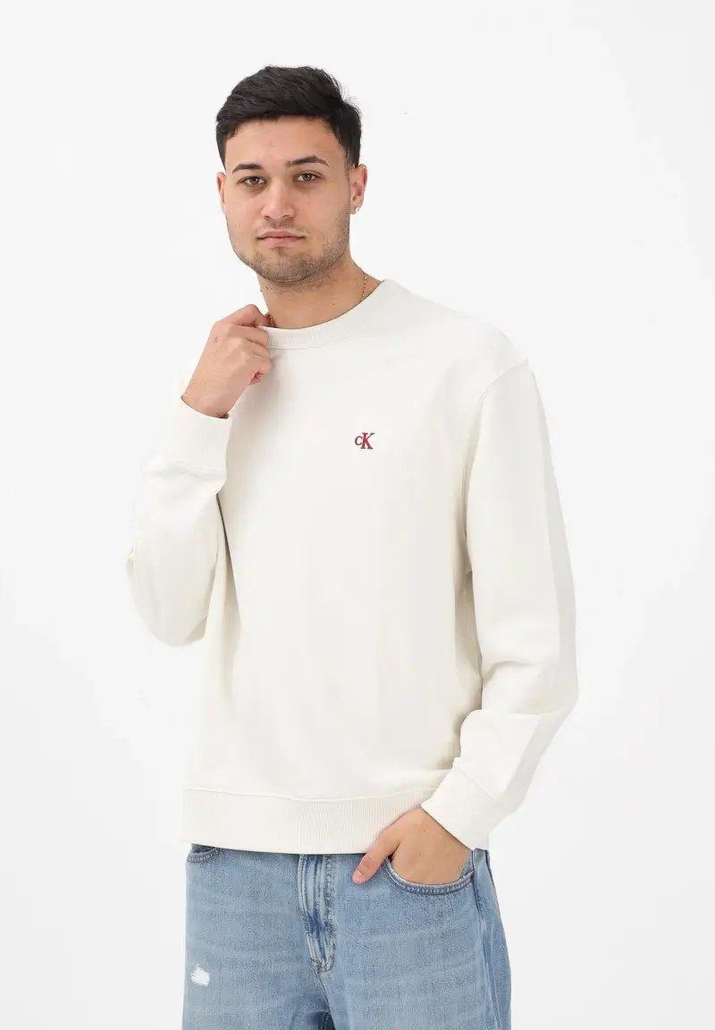 Felpa girocollo panna da uomo con logo miniatura 2