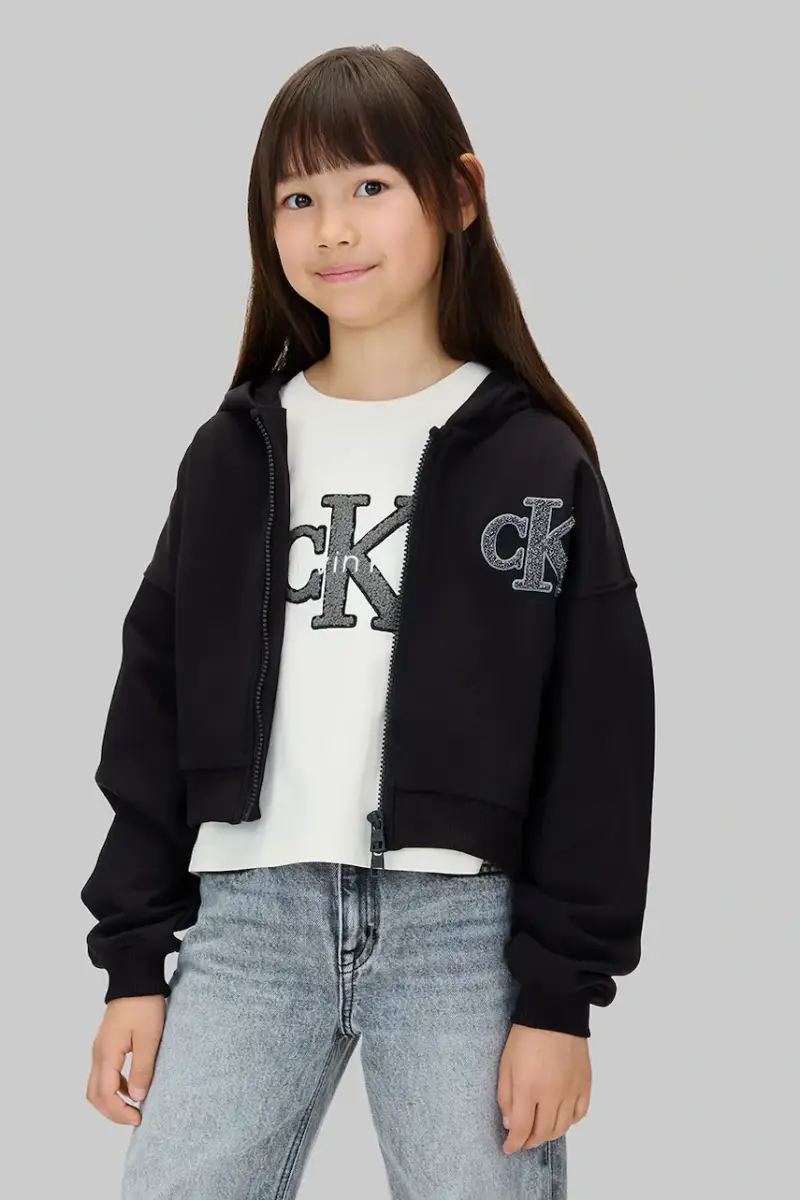 felpa in cotone bambino/a colore nero con cappuccio con applicazione IG0IG03017