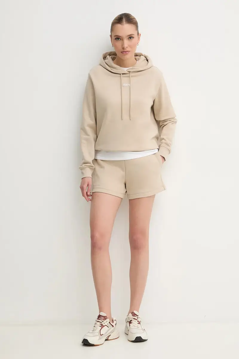 felpa in cotone donna colore beige con cappuccio con applicazione J20J225364 miniatura 2