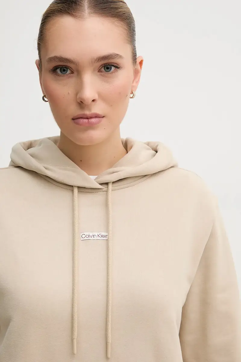 felpa in cotone donna colore beige con cappuccio con applicazione J20J225364 miniatura 4