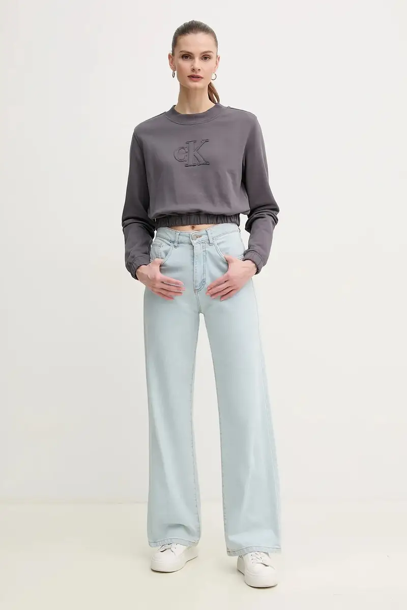 felpa in cotone donna colore grigio con applicazione J20J225363 miniatura 2