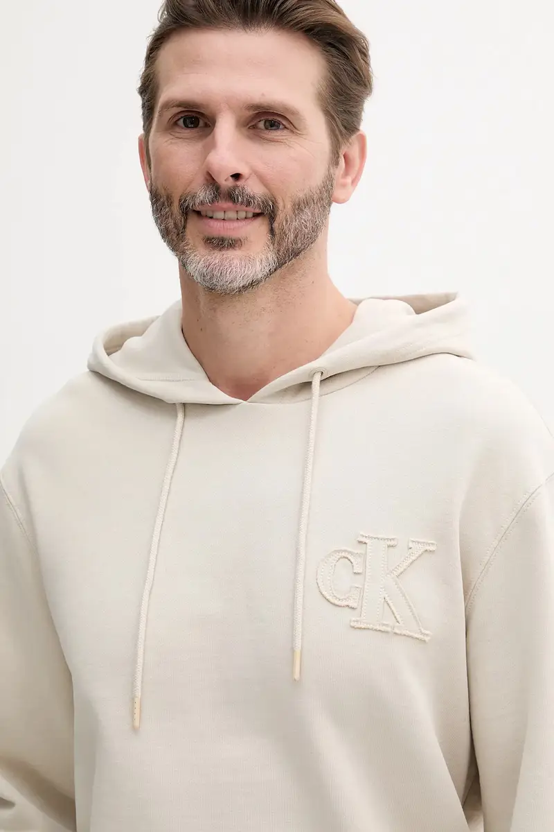 felpa in cotone uomo colore beige con cappuccio con applicazione J30J327245 miniatura 3