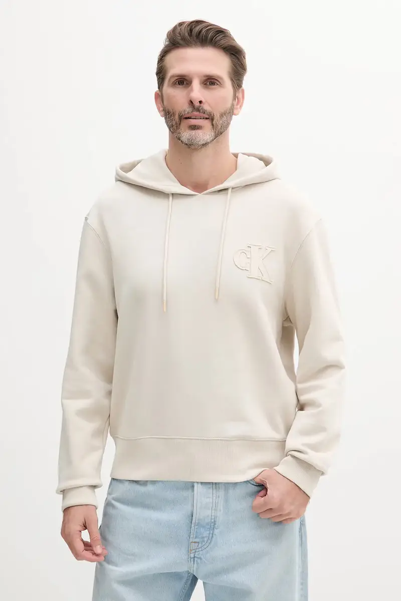 felpa in cotone uomo colore beige con cappuccio con applicazione J30J327245