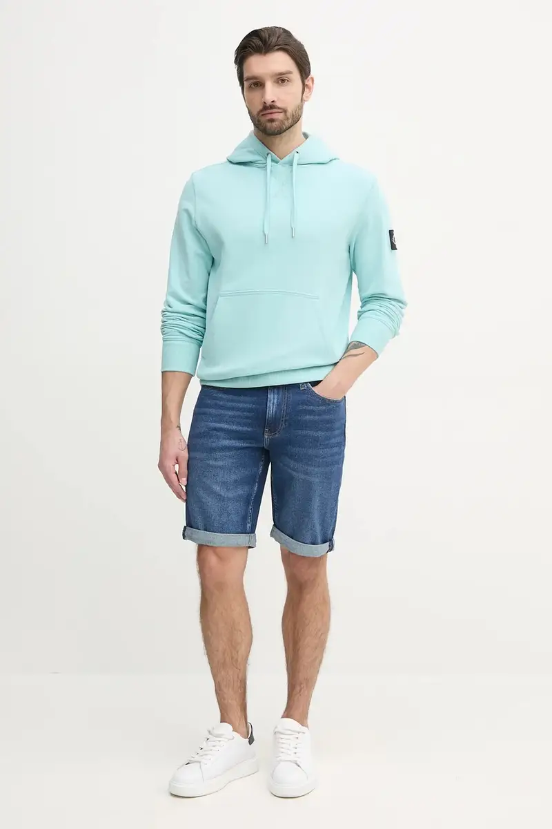 felpa in cotone uomo colore turchese con cappuccio con applicazione J30J323430 miniatura 2