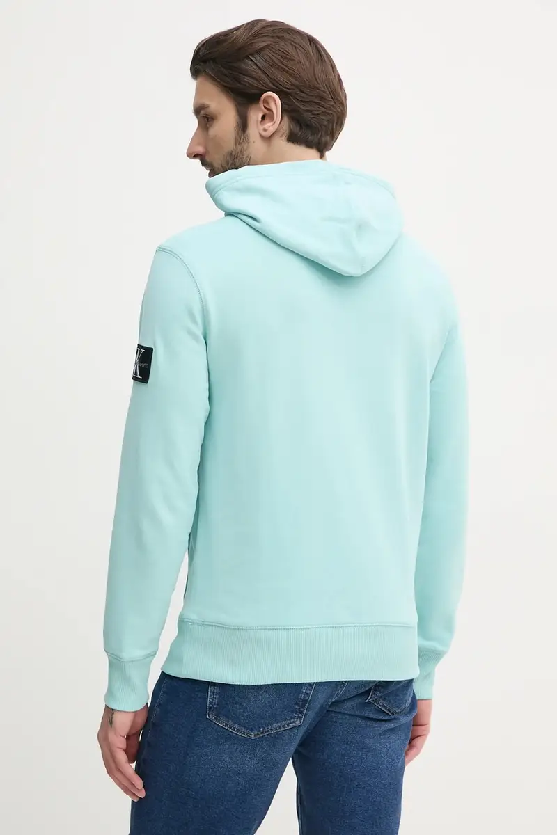 felpa in cotone uomo colore turchese con cappuccio con applicazione J30J323430 miniatura 3
