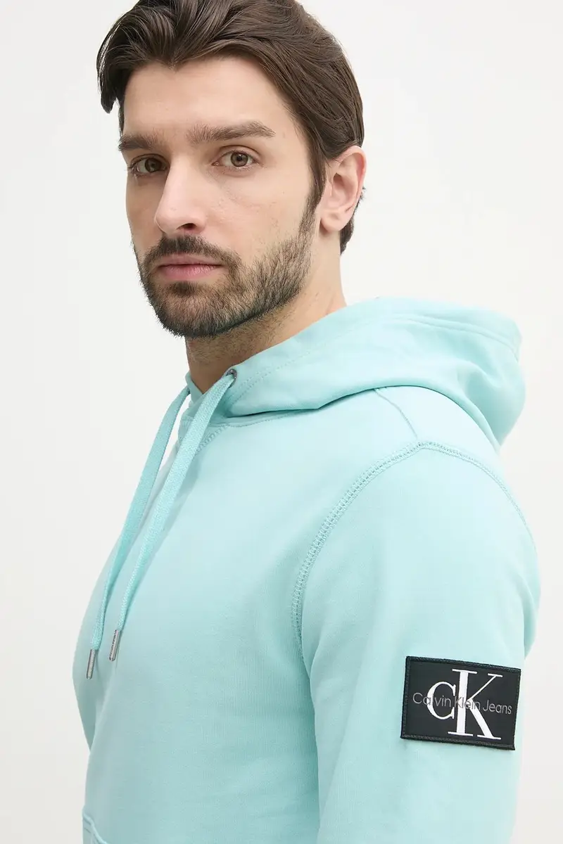 felpa in cotone uomo colore turchese con cappuccio con applicazione J30J323430 miniatura 4
