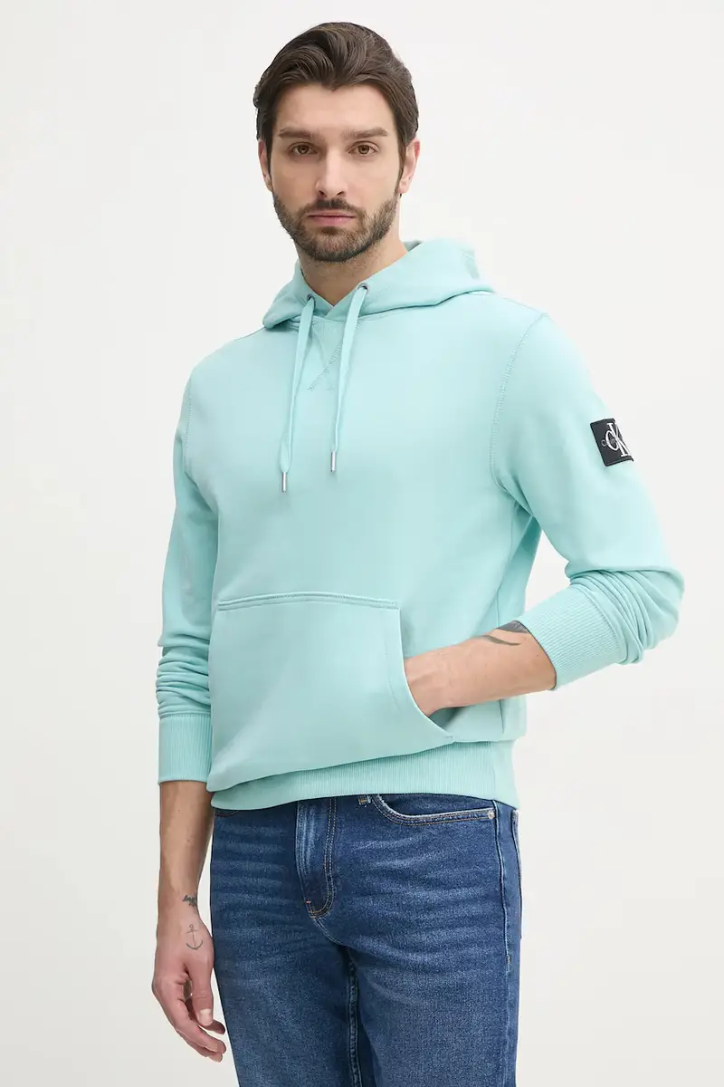 felpa in cotone uomo colore turchese con cappuccio con applicazione J30J323430