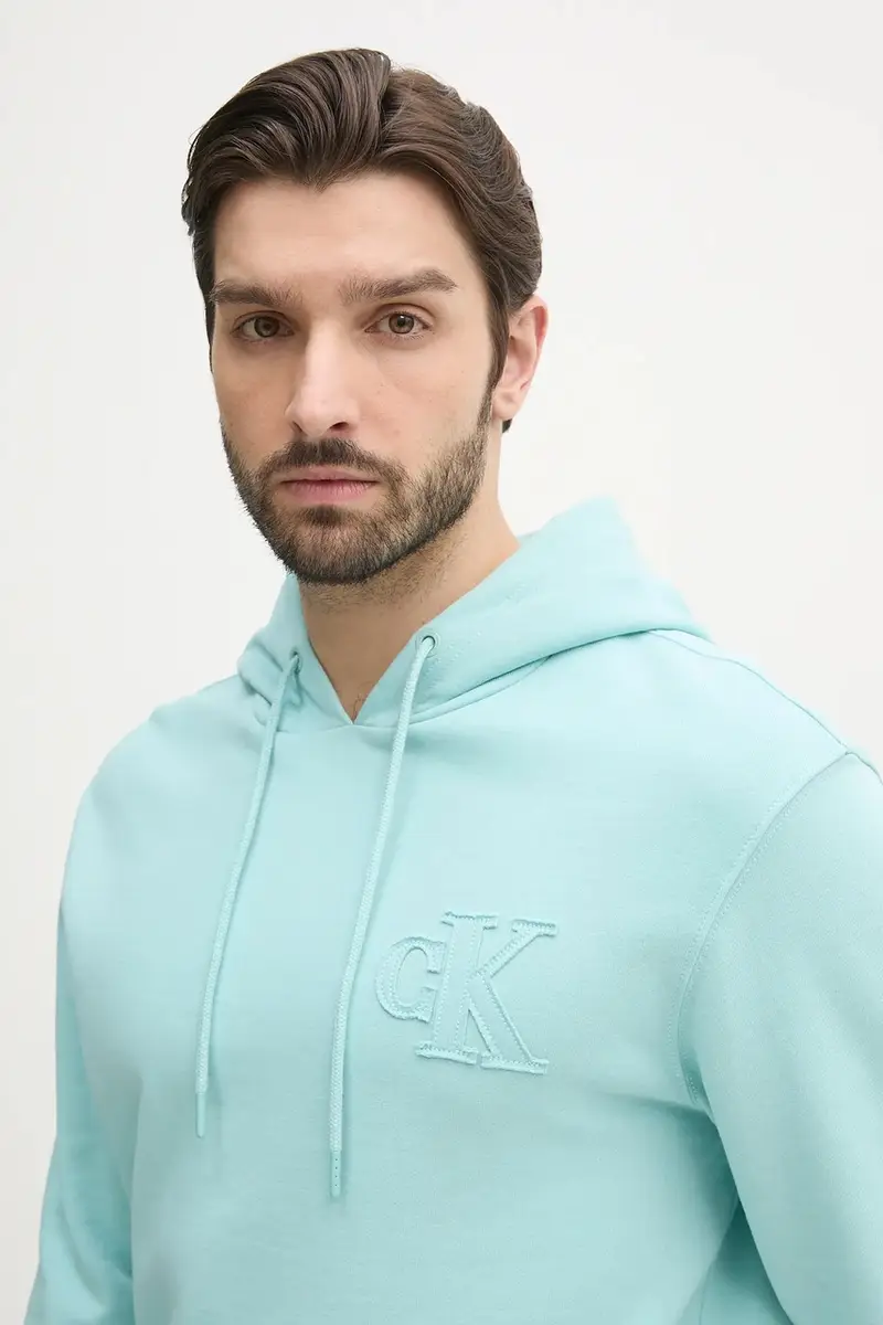 felpa in cotone uomo colore turchese con cappuccio con applicazione J30J327245 miniatura 4