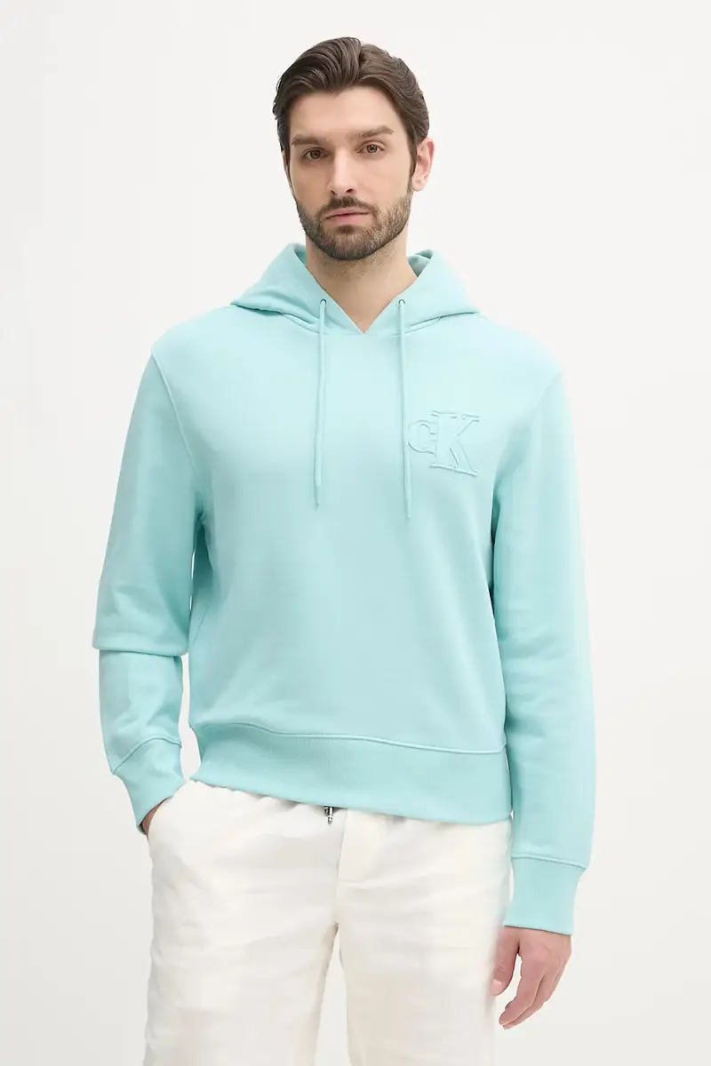 felpa in cotone uomo colore turchese con cappuccio con applicazione J30J327245