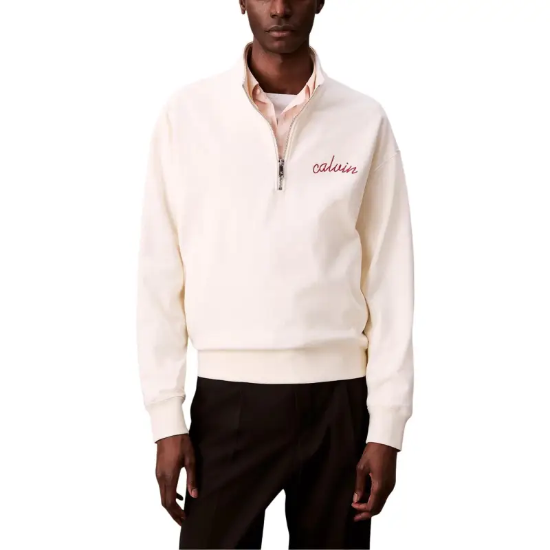 Felpa Uomo Calvin Klein Jeans Bianca con Zip e Collo Alto - white / S