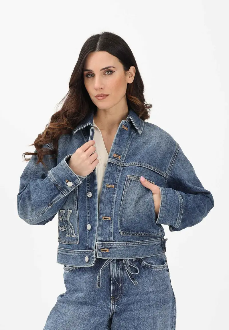 Giubbotto in denim medio da donna con logo miniatura 2