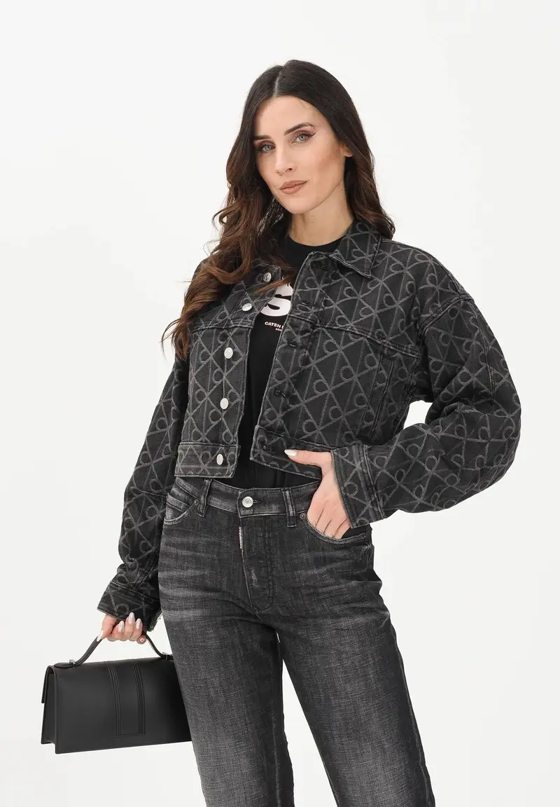 Giubbotto in denim nero da donna con motivo logo miniatura 2