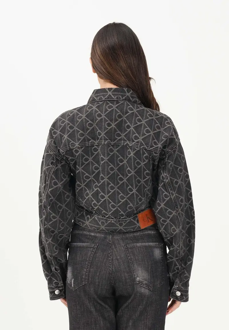 Giubbotto in denim nero da donna con motivo logo miniatura 3