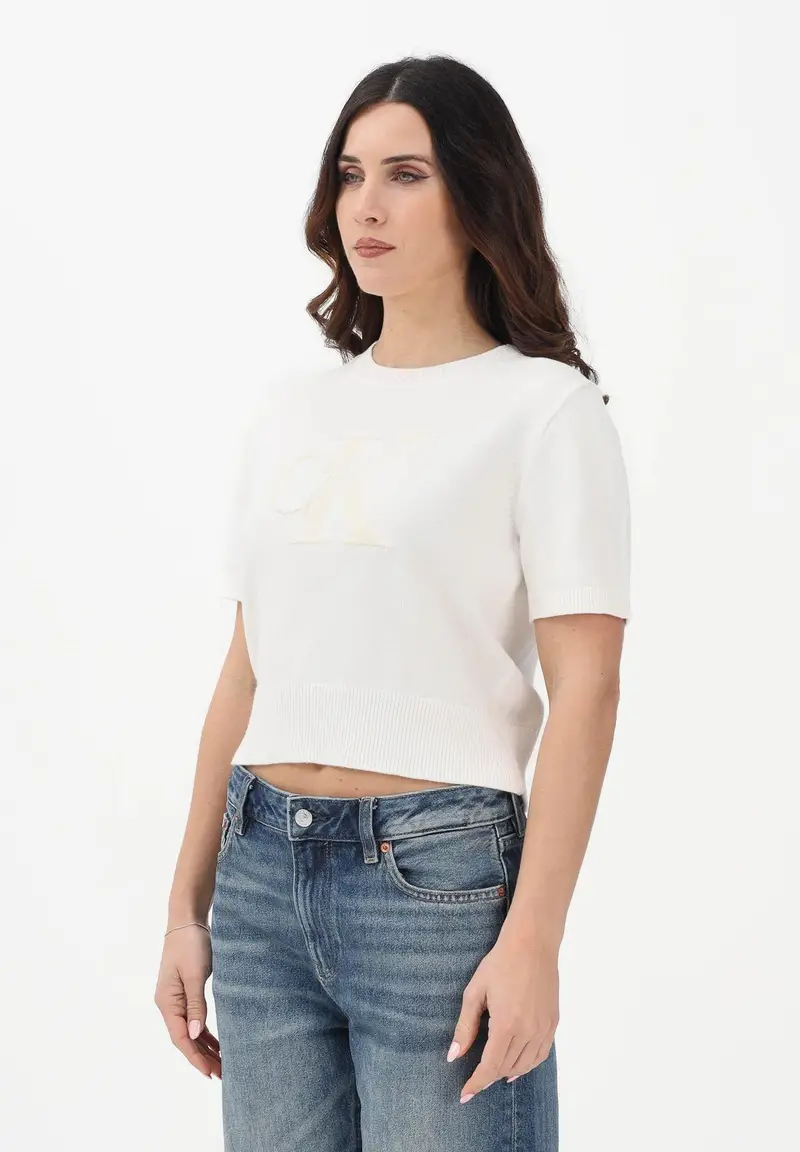 Maglia a manica corta panna da donna con logo