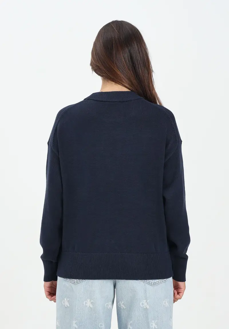 Maglioncino girocollo blu da donna con logo miniatura 3