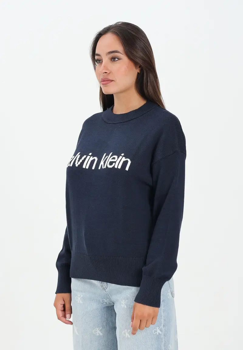 Maglioncino girocollo blu da donna con logo