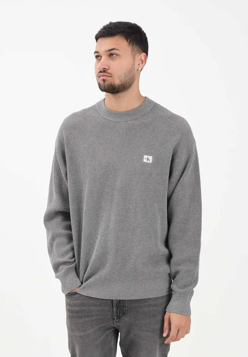 Maglioncino girocollo grigio da uomo con patch logo miniatura 2