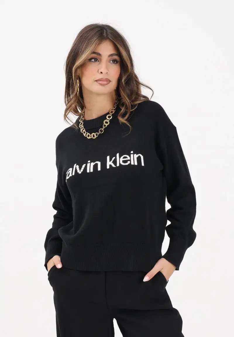 Maglioncino girocollo nero da donna con logo miniatura 2